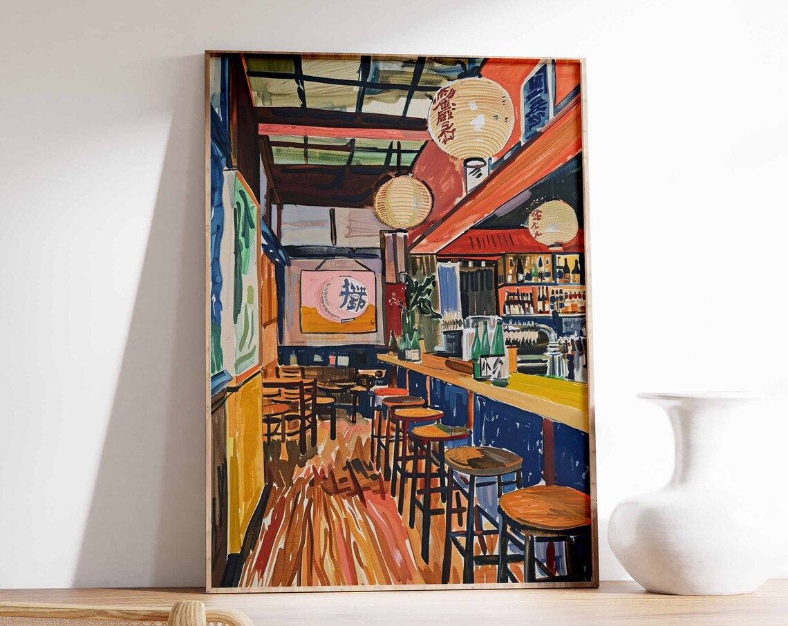 Japanese Izakaya Bar Empty Bar Stools Warm Lantern Glow Painting Poster