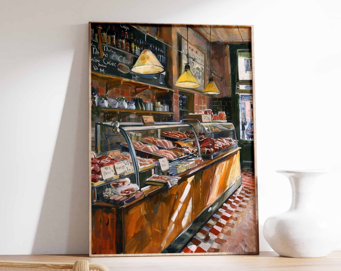 Butcher Shop Deli Counter Chalkboard Menu Hanging Lamps Poster