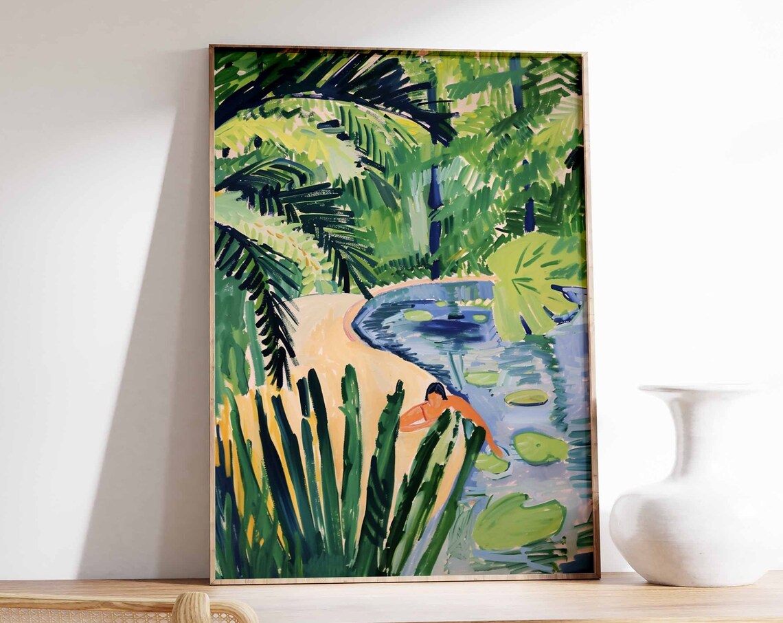 Woman Diving into Blue Lily Pond with Palm Fronds Art Poster