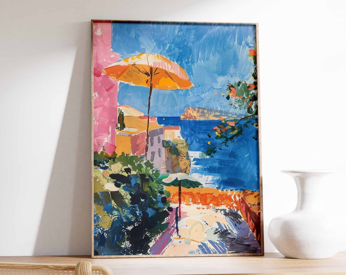 Mediterranean Coast Terrace Orange Umbrella Blue Sea Art Poster