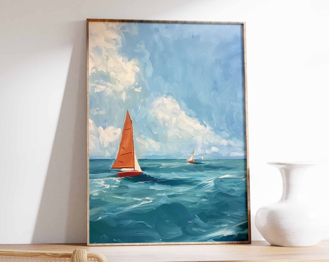 Sailboats on Ocean Waves Impressionist Seascape Nautical Poster