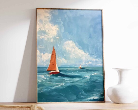 Sailboats on Ocean Waves Impressionist Seascape Nautical Poster