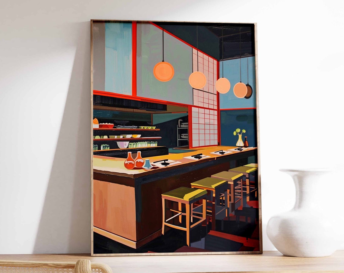 Japanese Sushi Counter Shoji Screens Globe Lights Sake Art Poster