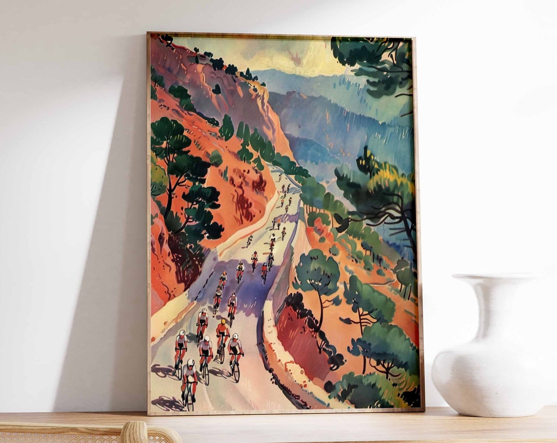 Cycling Peloton Climbing Pine Lined Orange Cliff Road Art Poster