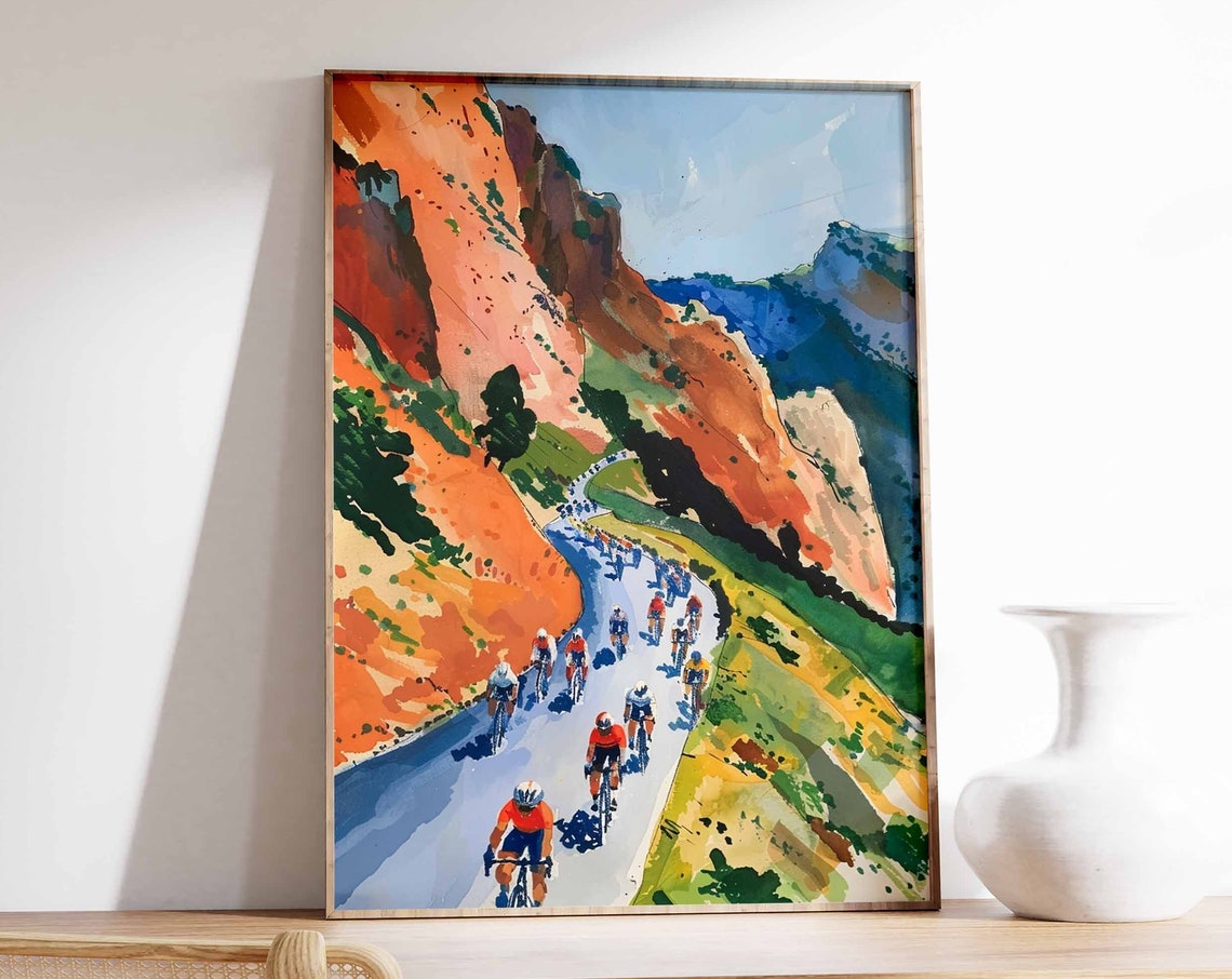 Road Cyclists Riding Through Orange Rock Canyon Passage Poster