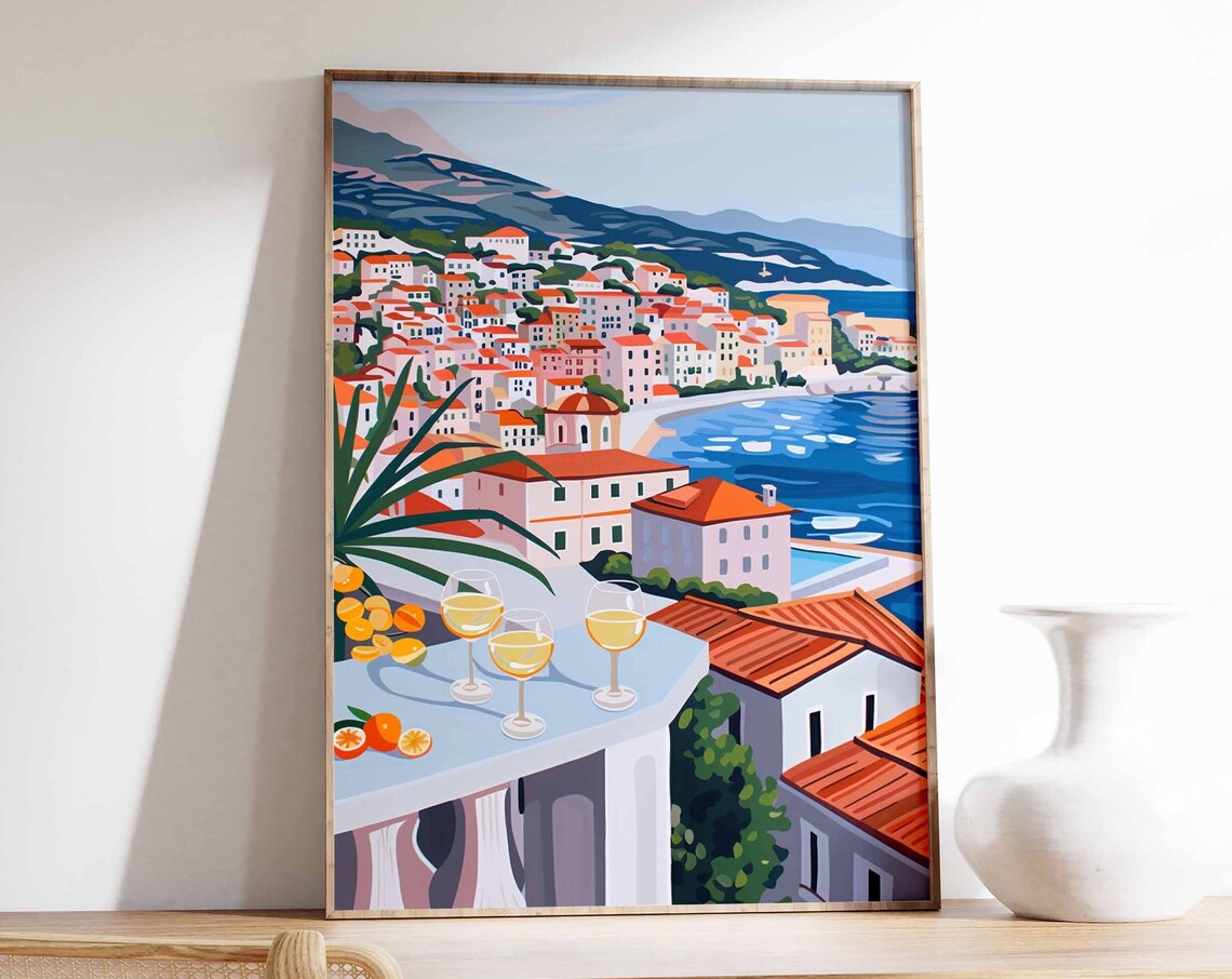 Sunny Coastal Town Terrace Wine Glasses Scenic Travel View Poster