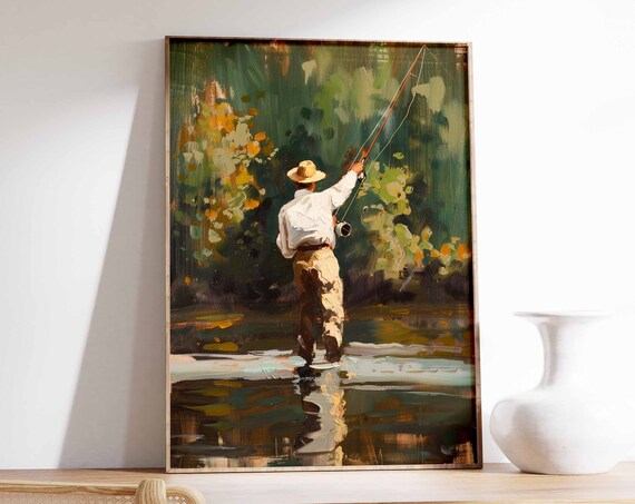 Fly Fishing Angler River Oil Painting Vintage Fishing Gift Poster
