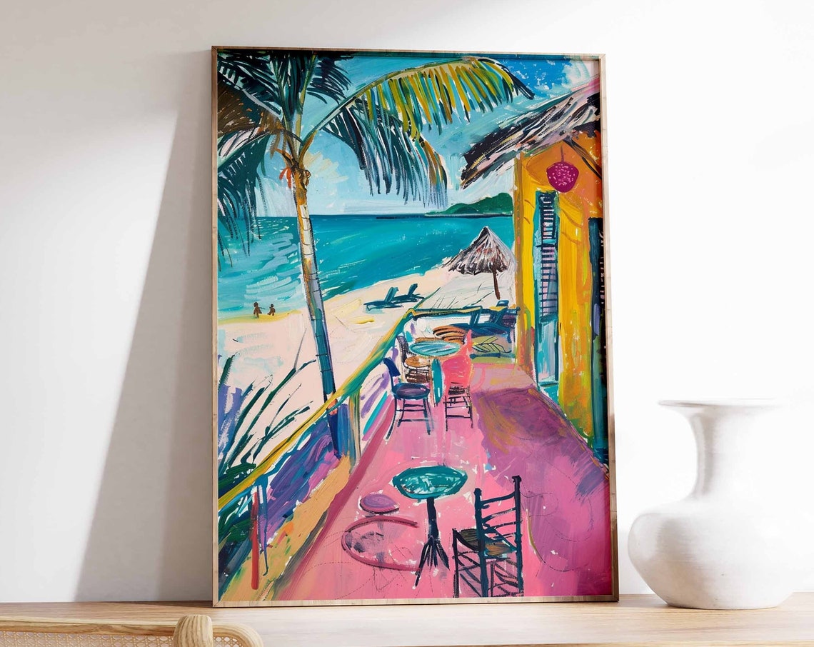 Sunny Beach Cafe Terrace Pink Floor Palm Tree Yellow Building Poster