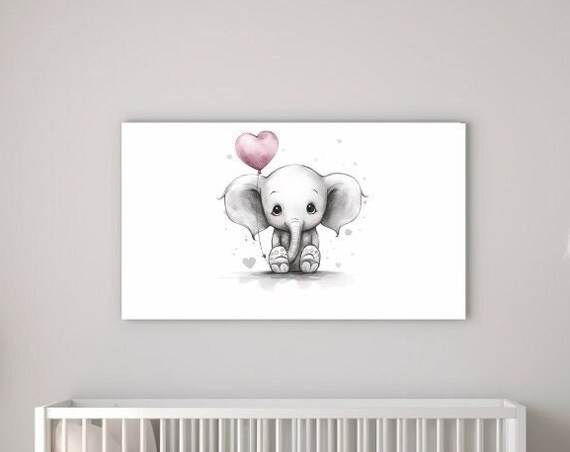 Baby Elephant With Pink Heart Balloon Cute Girl Nursery Wall Art Poster
