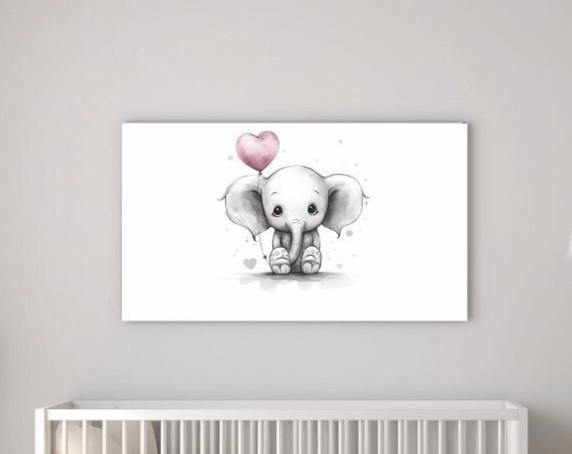 Baby Elephant With Pink Heart Balloon Cute Girl Nursery Wall Art Poster