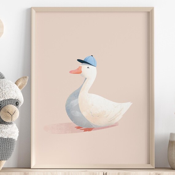 Cute Goose Wearing Blue Cap Scandinavian Nursery Kids Wall Art