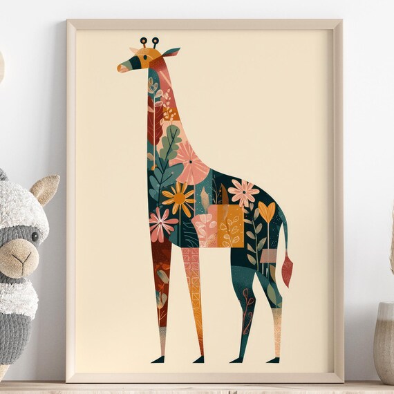 Safari Nursery Decor Trendy Giraffe Illustration Colorful Floral Design Wall Art Scandi Boho Prints Home