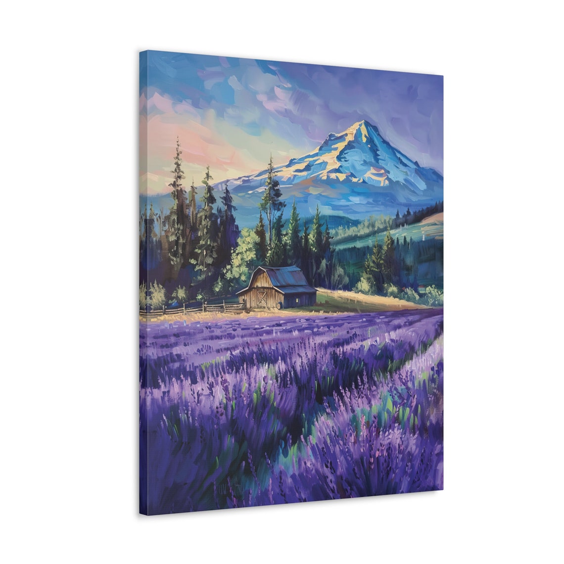 Lavender Field Barn Snowcapped Mountain Colorful Landscape Art Poster - Image 4