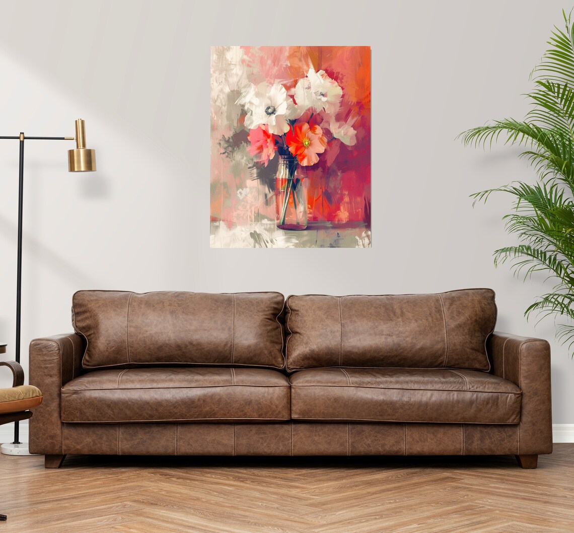 White Anemones and Coral Flowers Poster in Glass Jar Abstract Floral - Image 3
