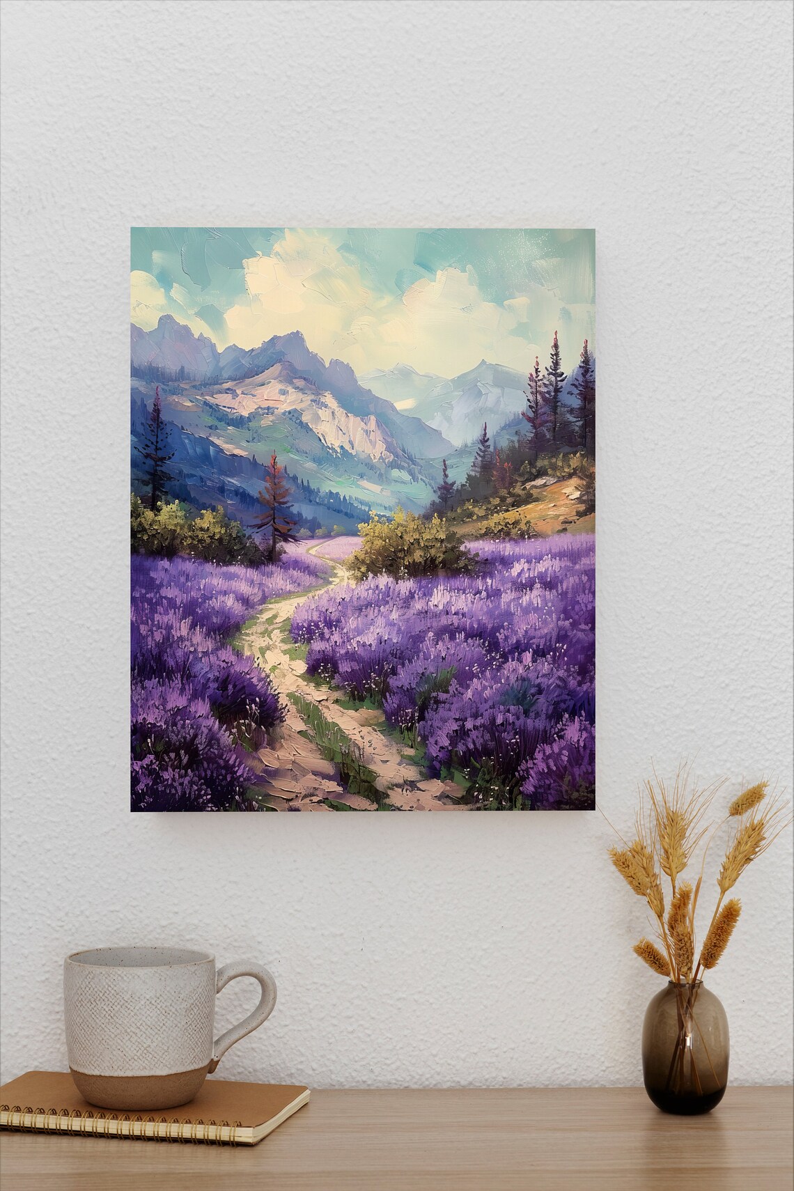 Lavender Field Winding Path Purple Blooms Mountain View Sunny Poster - Image 2