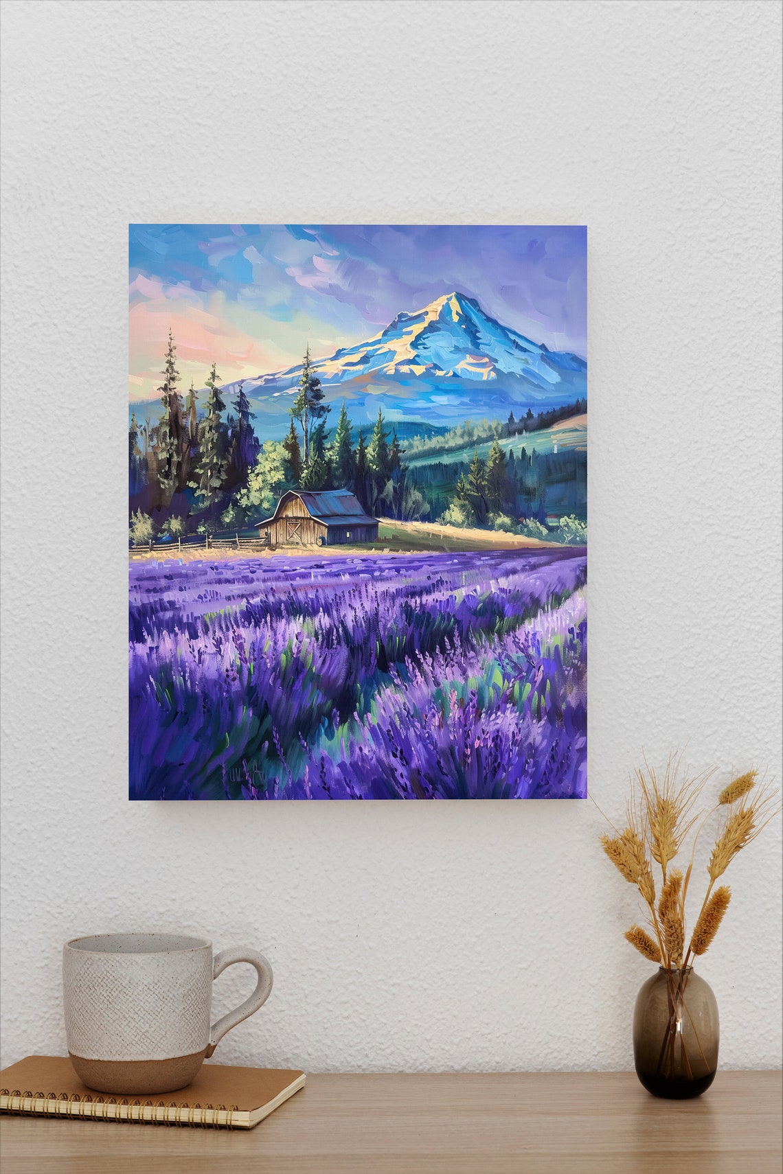 Lavender Field Barn Snowcapped Mountain Colorful Landscape Art Poster - Image 2