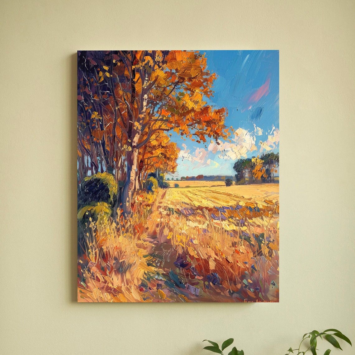 Autumn Golden Meadow Poster with Orange Trees in Impressionist Style