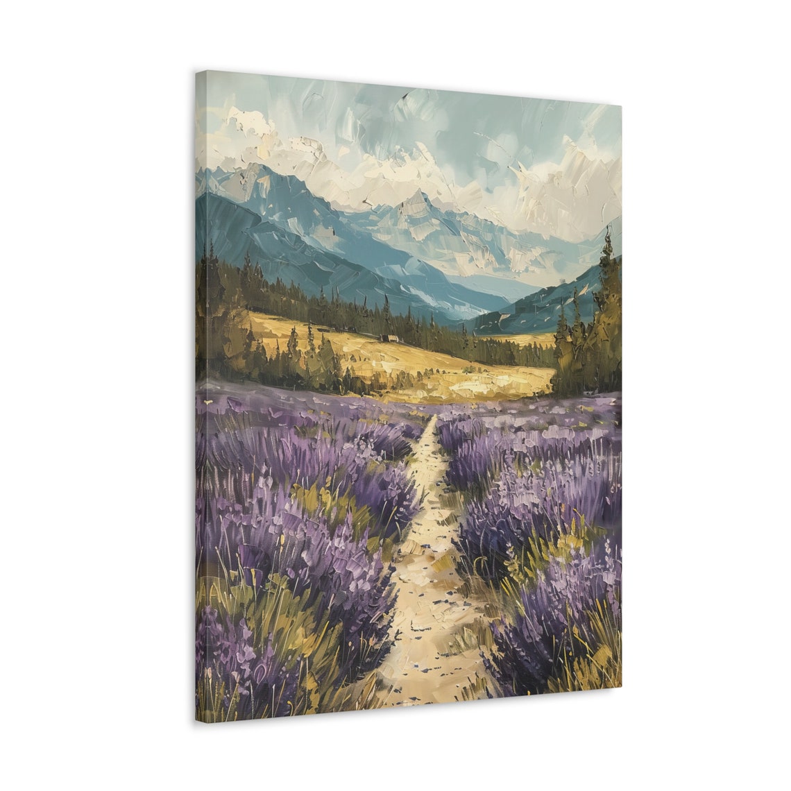 Lavender Field Path Leading to Blue Mountain Peaks Oil Poster - Image 4