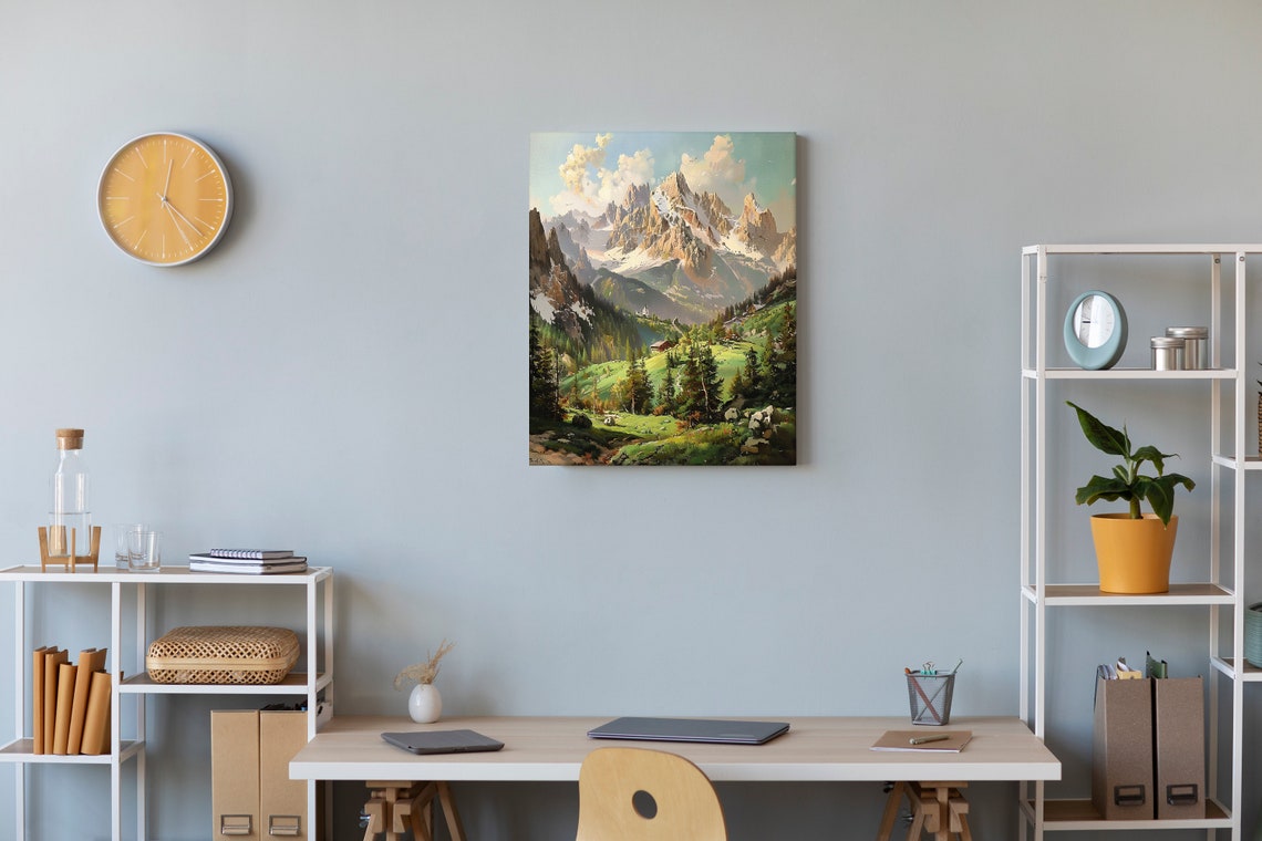 Mountain Wall Art Print Rustic Mountain Painting Landscape Wall Art Snow Mountain Painting Vintage Farmhouse Decor Forest Art - Image 2