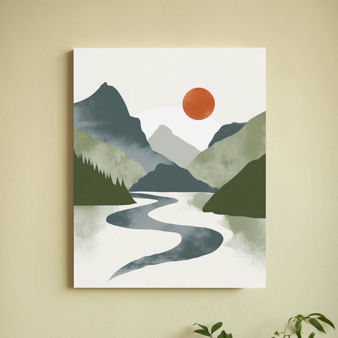 Minimalist Abstract Mountain Valley with River and Rust Sun Poster