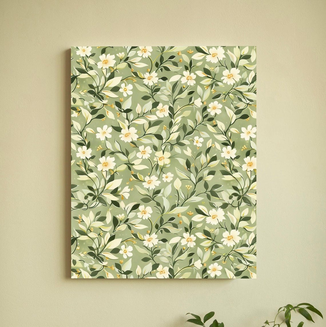 Sage Green Floral Pattern Poster with White Blossoms Botanical Design
