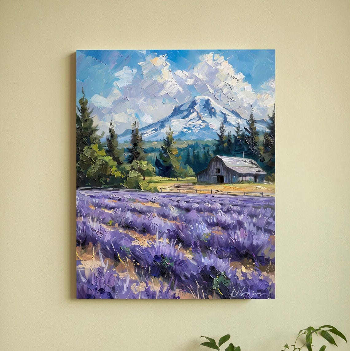 Lavender Rows with Weathered Gray Barn Beneath Snow-Capped Peak Poster