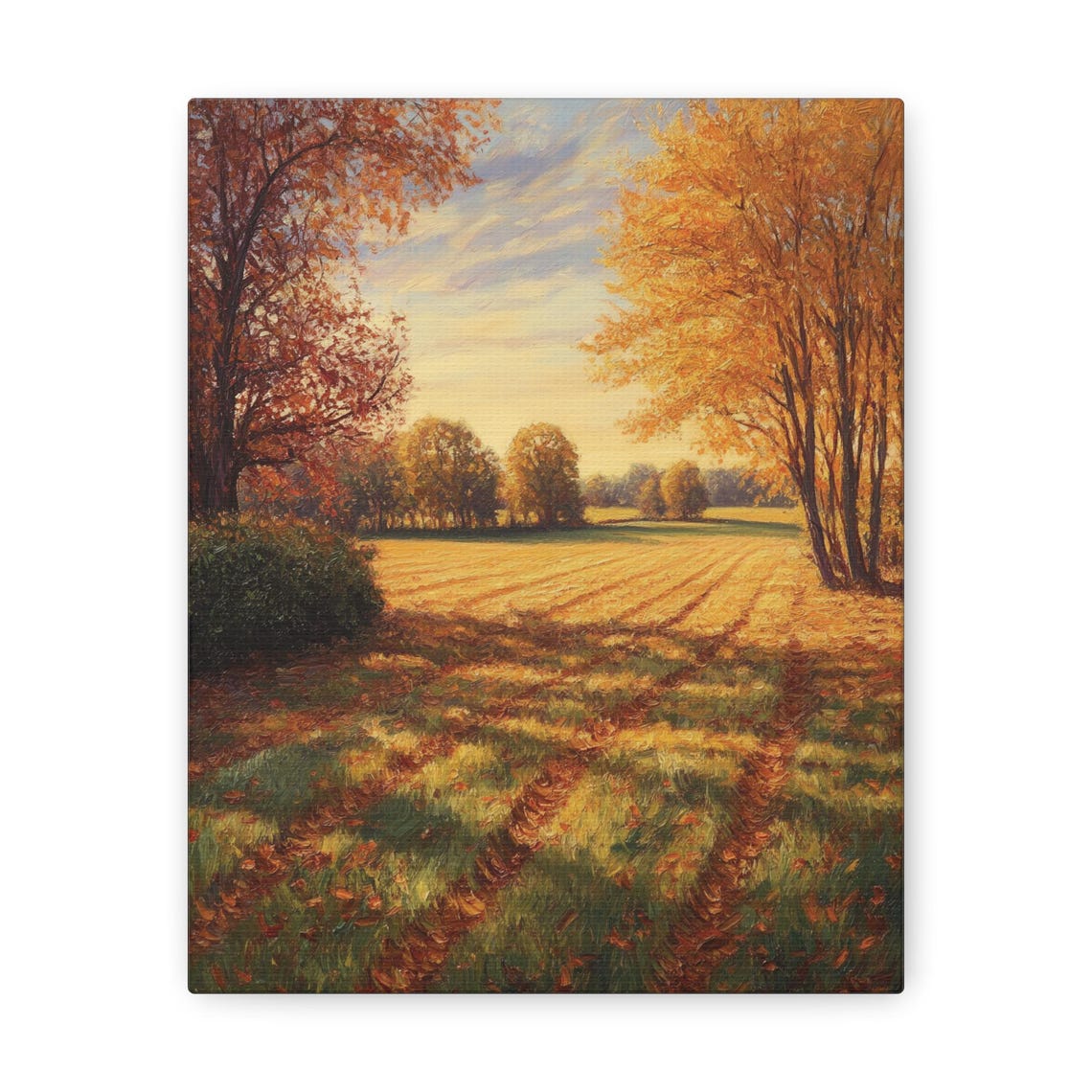 Golden Autumn Field Poster with Tree Shadows Under a Sunrise Sky - Image 3