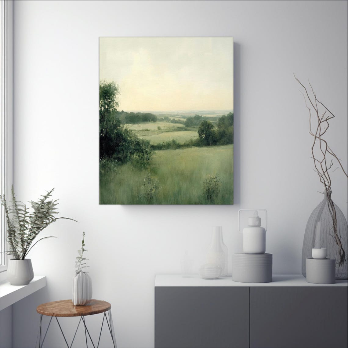 Misty Green Meadow Valley Soft Minimalist Countryside Landscape Poster - Image 2