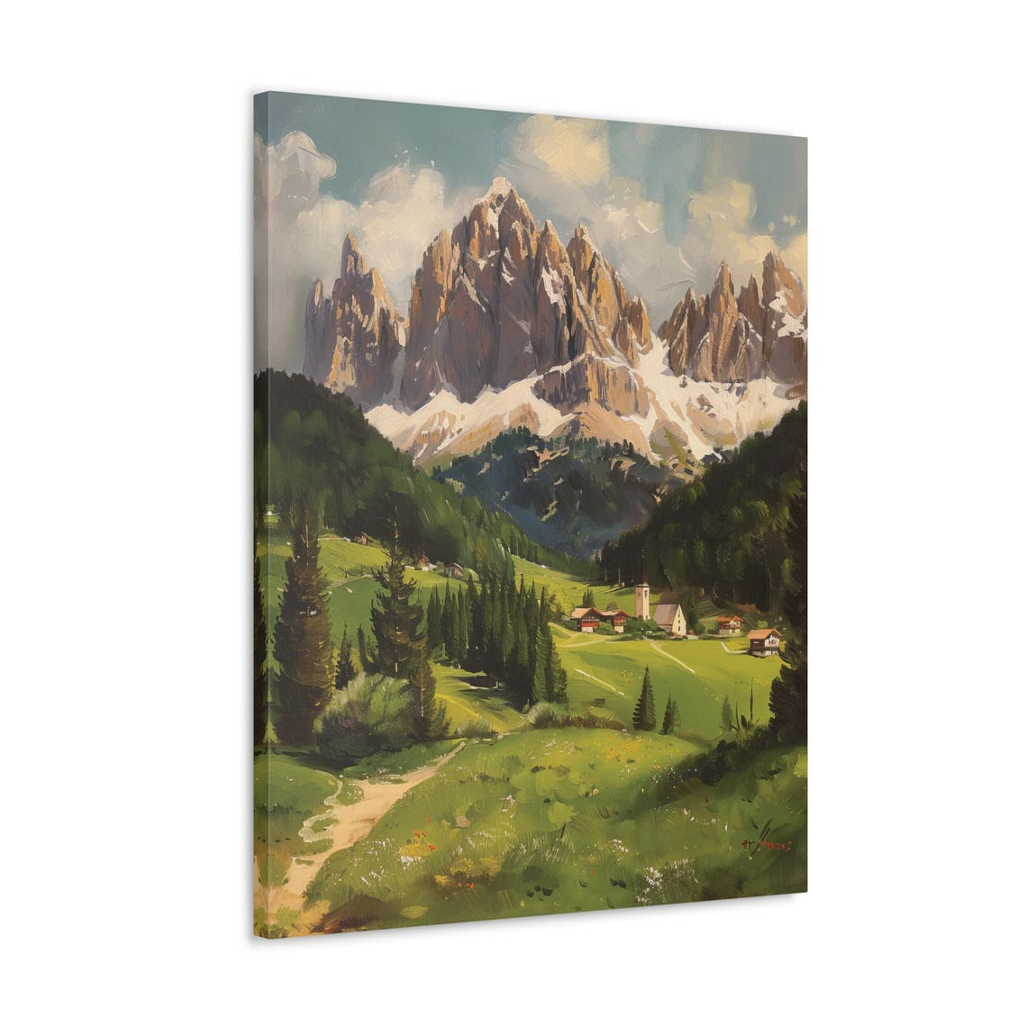 Alpine Village Green Meadow Jagged Snowy Peaks Pine Valley Poster - Image 4