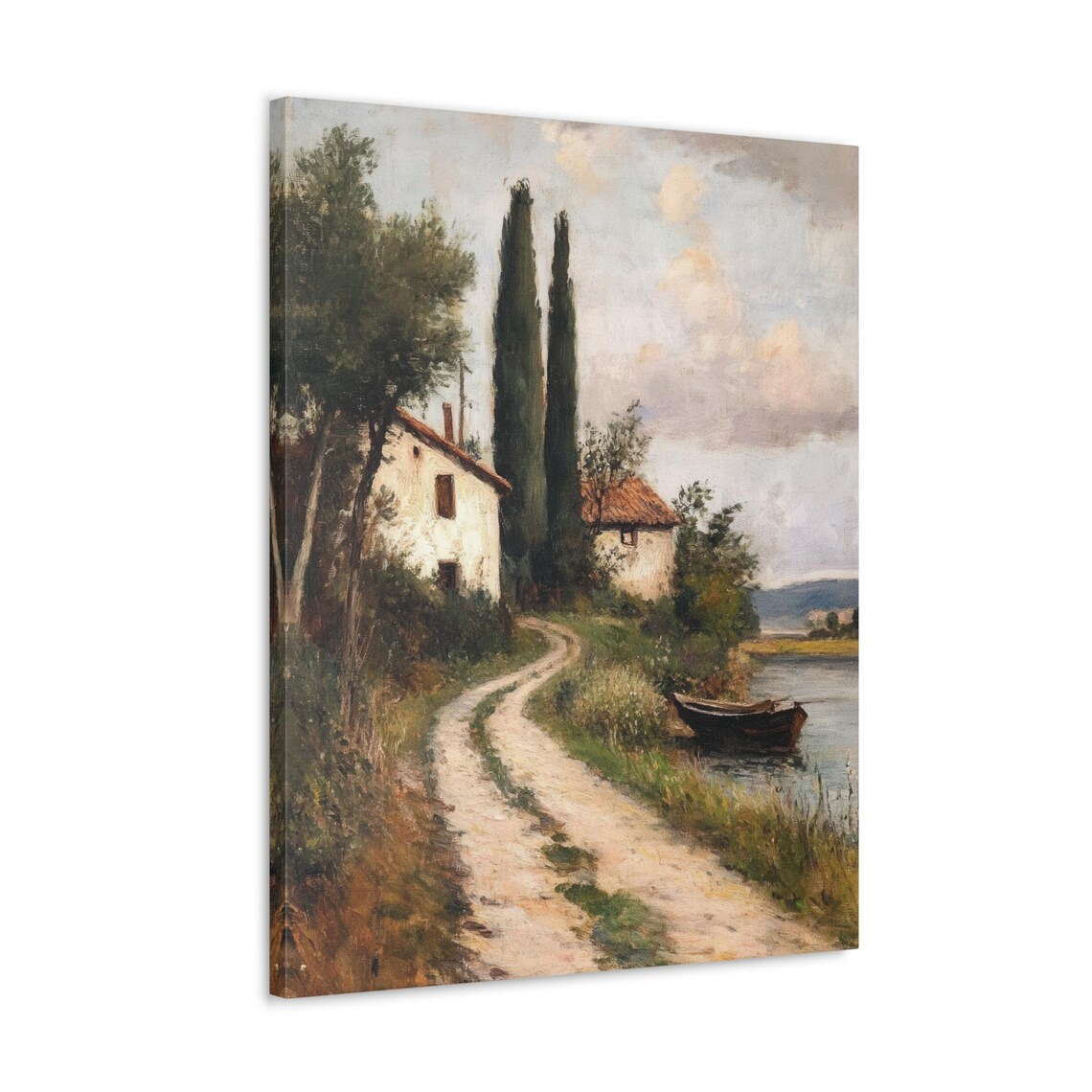 Italian Farmhouse Poster with Cypress Trees by a Lake and Boat Scene - Image 4