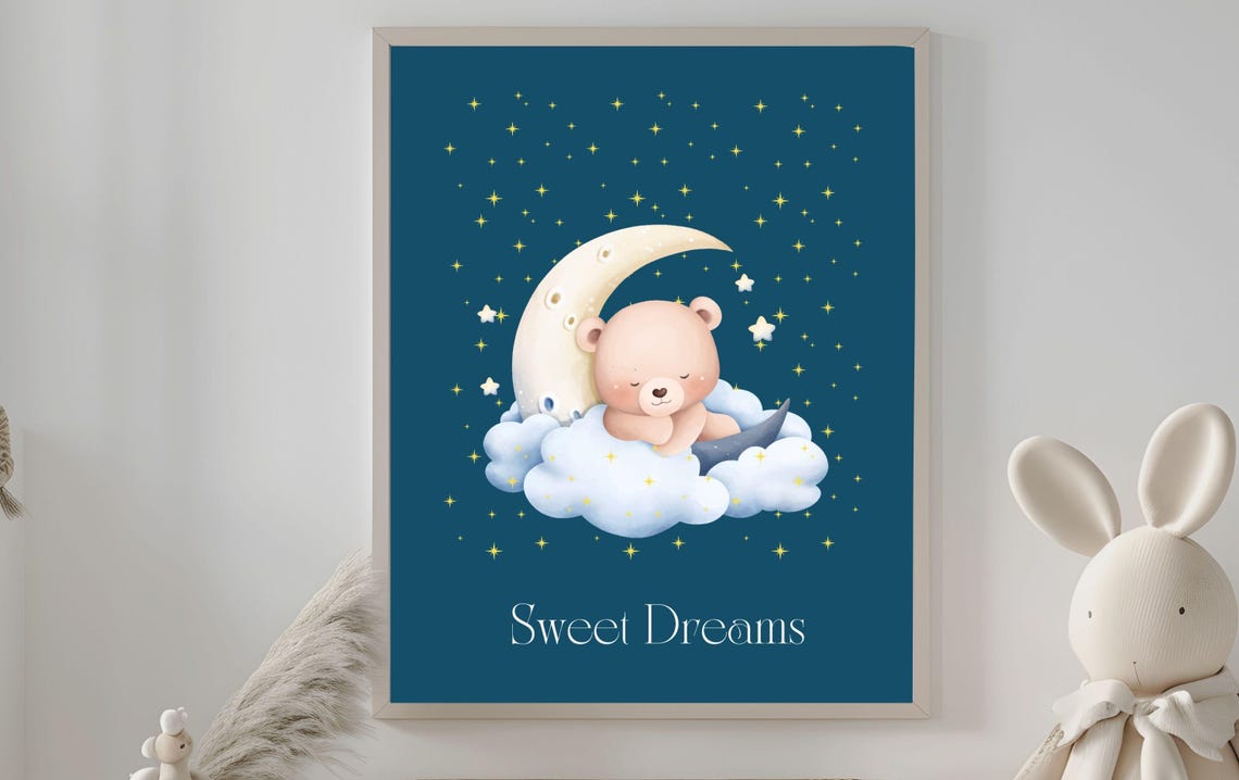 Sweet Dreams Sleeping Bear on the Moon Nursery Night Sky Poster