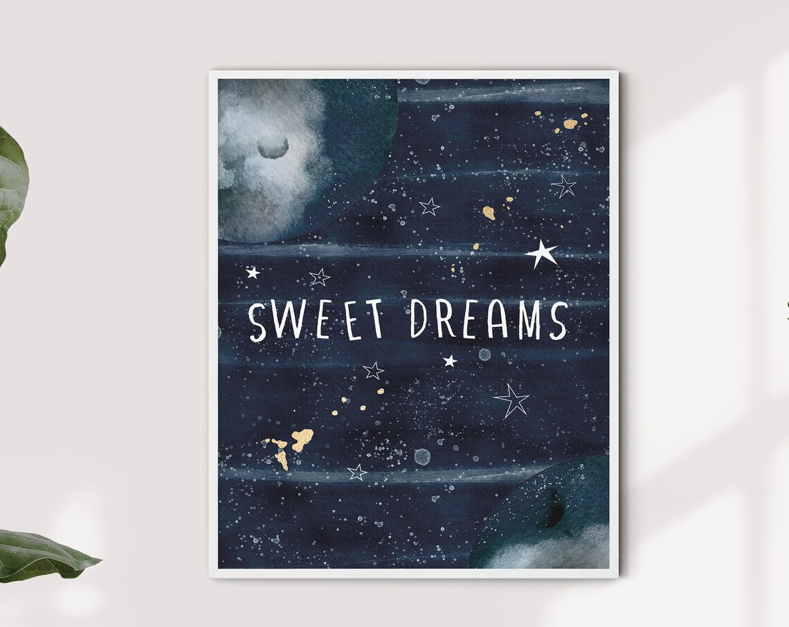 Sweet Dreams Night Sky Gold Stars Nursery Wall Art Print Poster