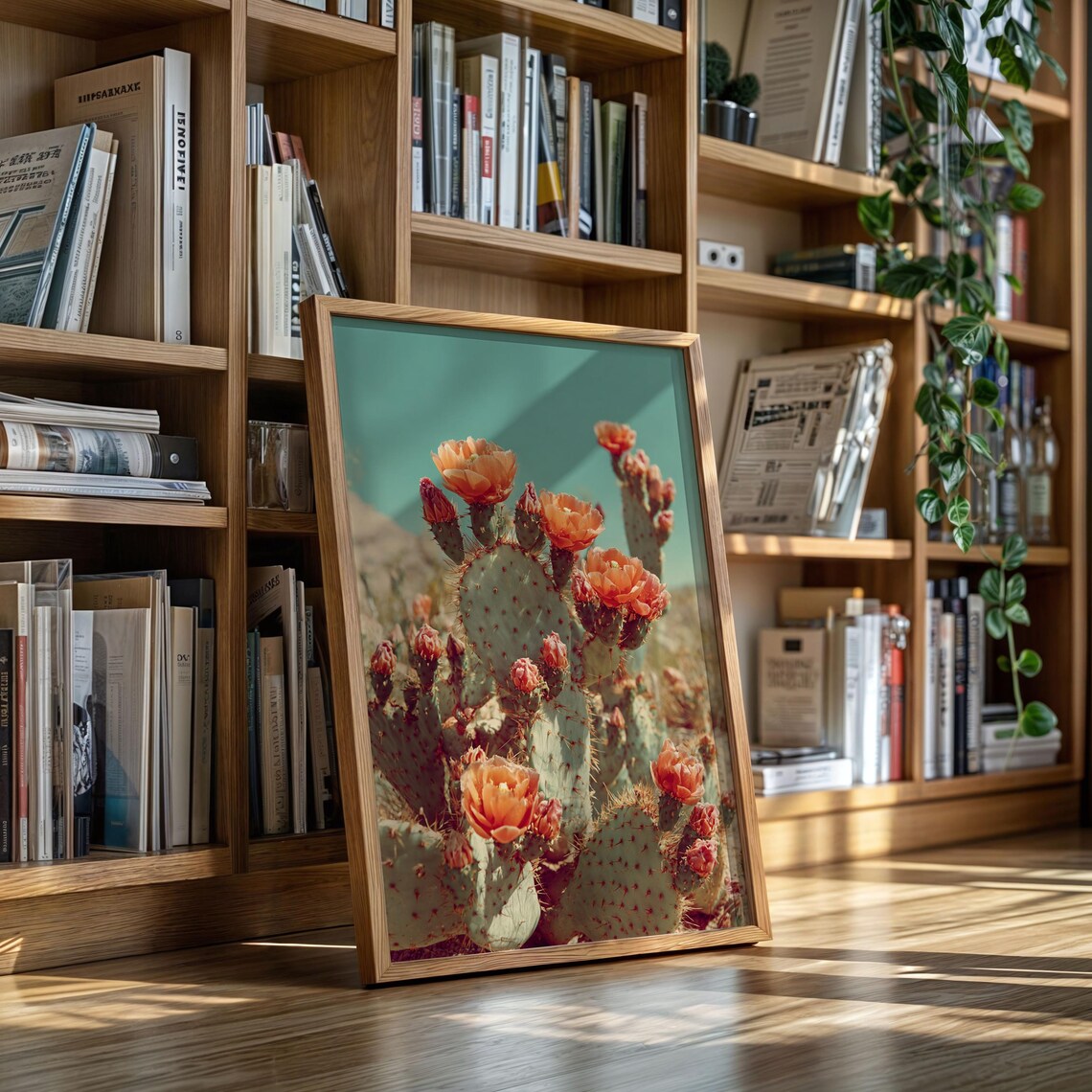 Blooming Desert Cactus With Orange Flowers Vintage Style Photography Print
