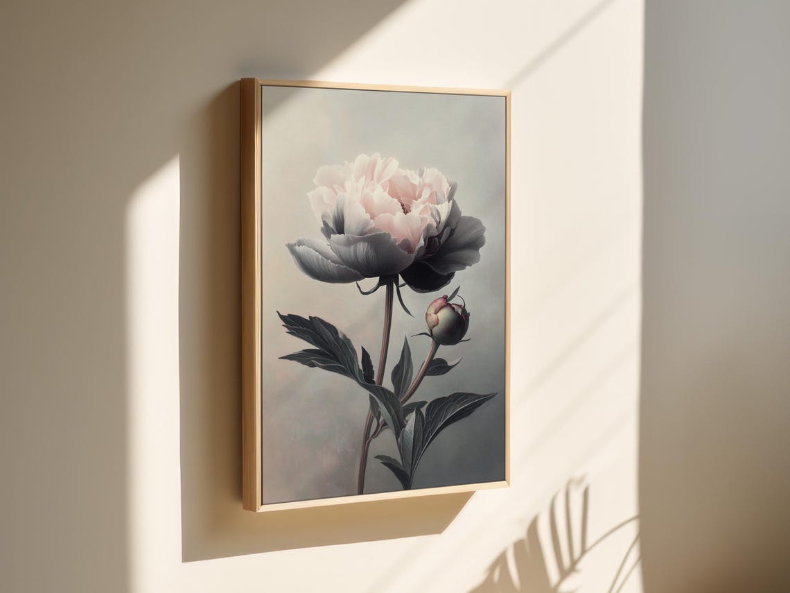 Blush Pink Peony With Dark Petals Elegant Vintage Botanical Art Poster - Image 2