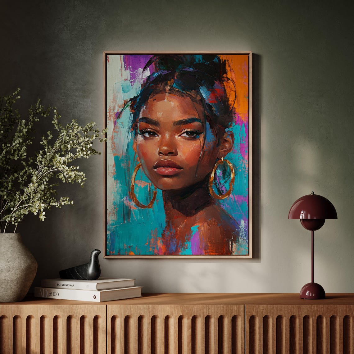 Vibrant Woman Portrait Gold Hoop Earrings Bold Abstract Modern Poster - Image 7