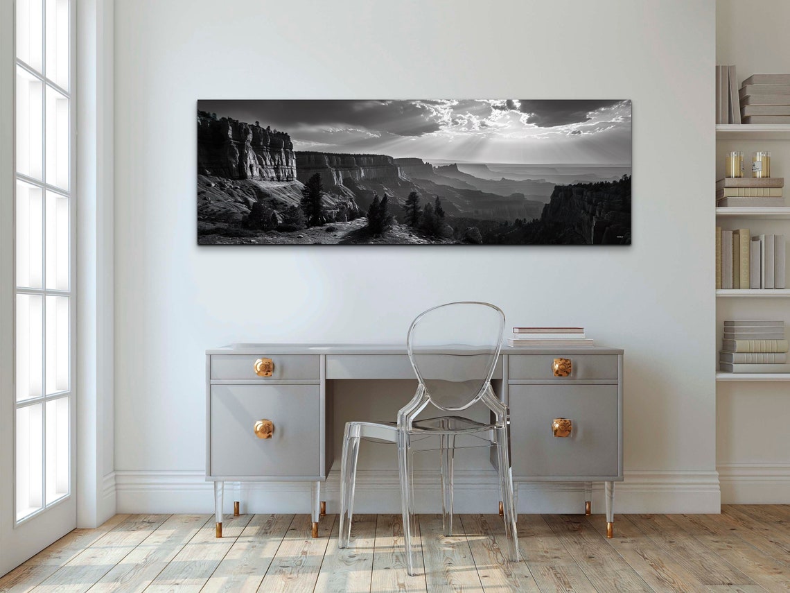 Panoramic Black White Canyon Sun Rays Dramatic Landscape Wall Art - Image 3