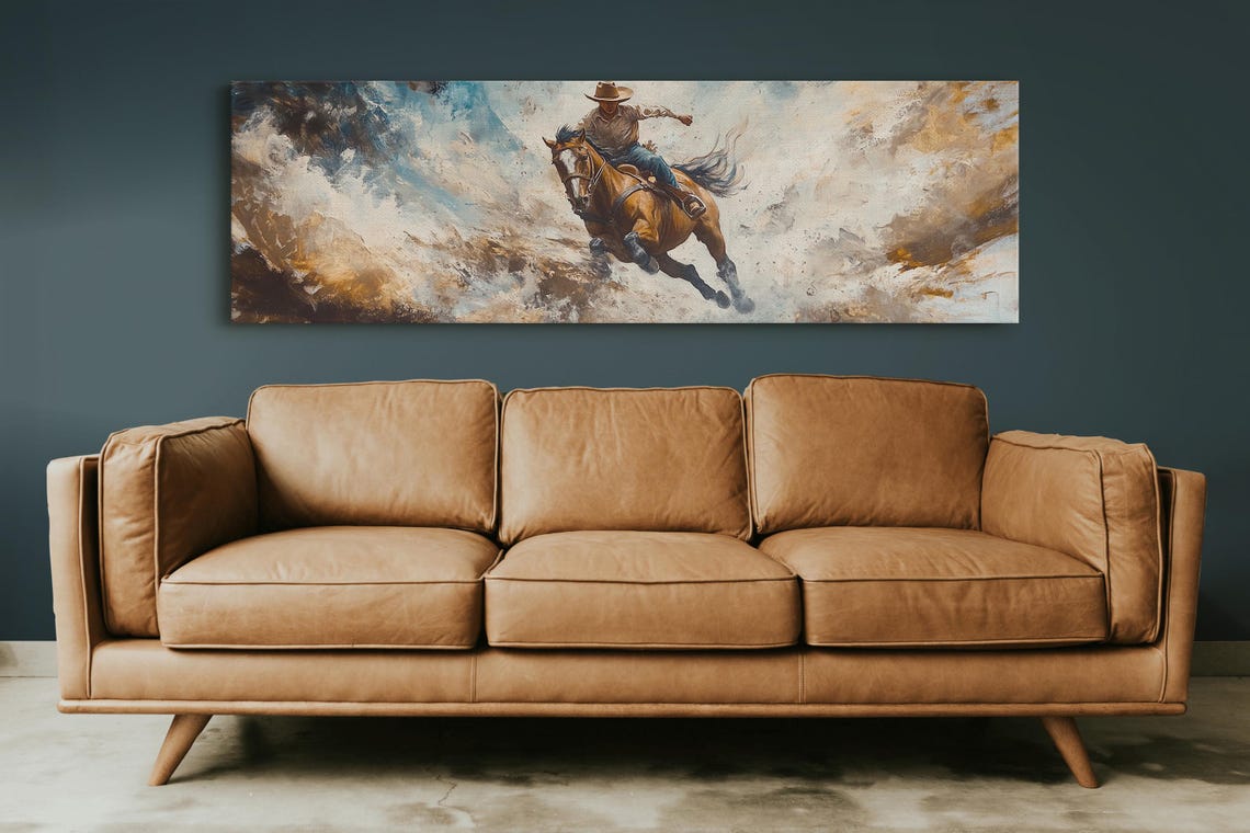 Charging Cowboy On Horse Wild West Rider Dust Panoramic Western Poster