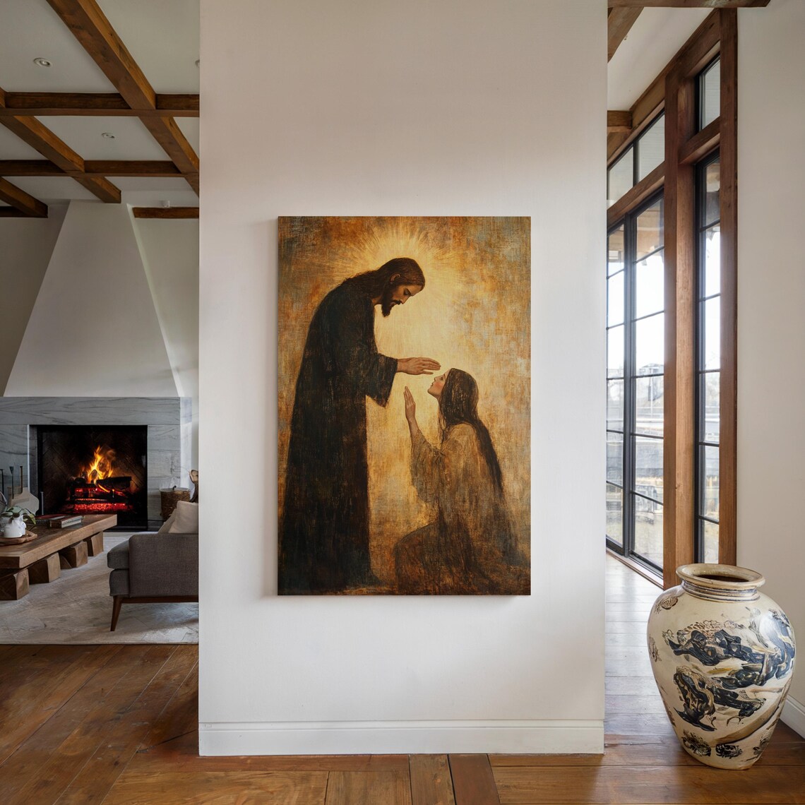 Jesus Laying Hands in Blessing Over a Kneeling Woman in Golden Tones Poster - Image 5