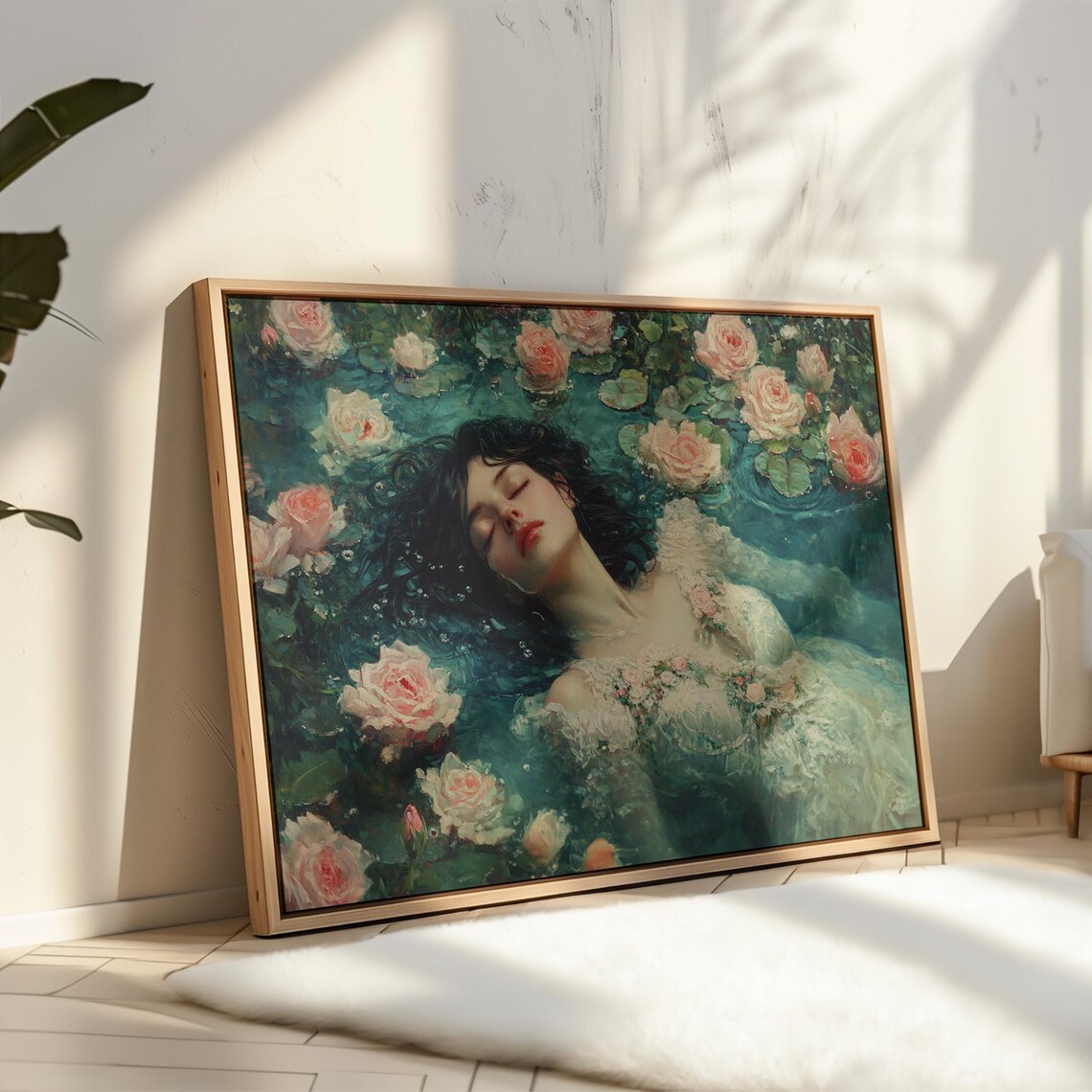 Floating Woman with Roses Dreamy Teal Floral Vintage Art Print
