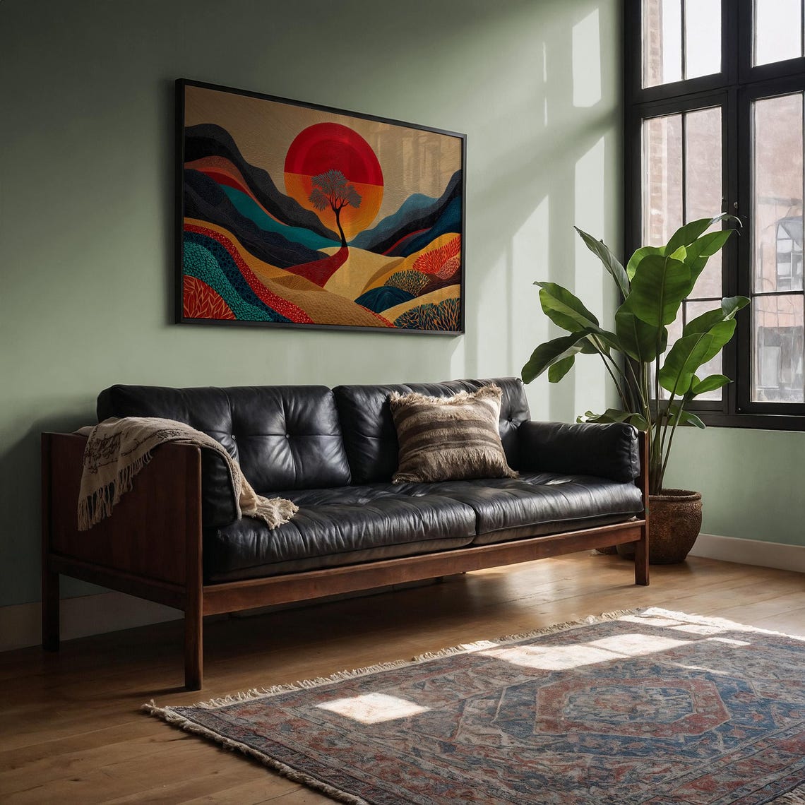 Sol Tree Beneath The Crimson Sun Abstract Mountain Landscape Poster
