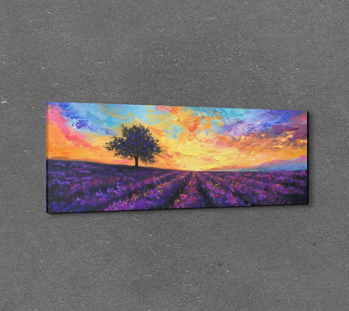 Golden Sunset Lavender Fields Blazing Sky Oil Painting Wall Poster - Image 3