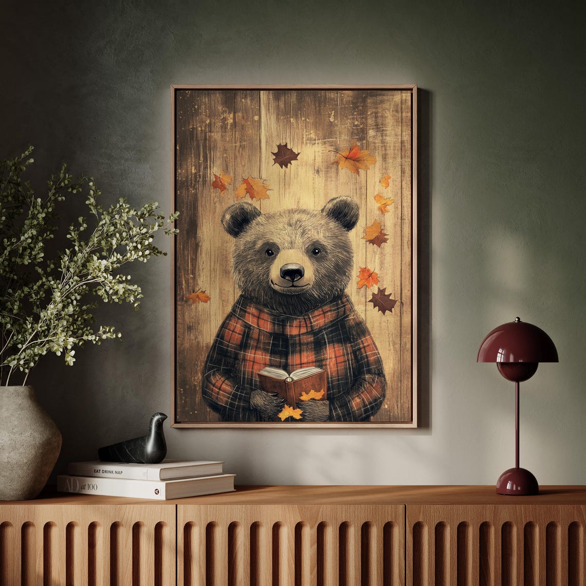 Autumn Bear in Red Plaid Reading a Book Among Fall Leaves Poster - Image 6