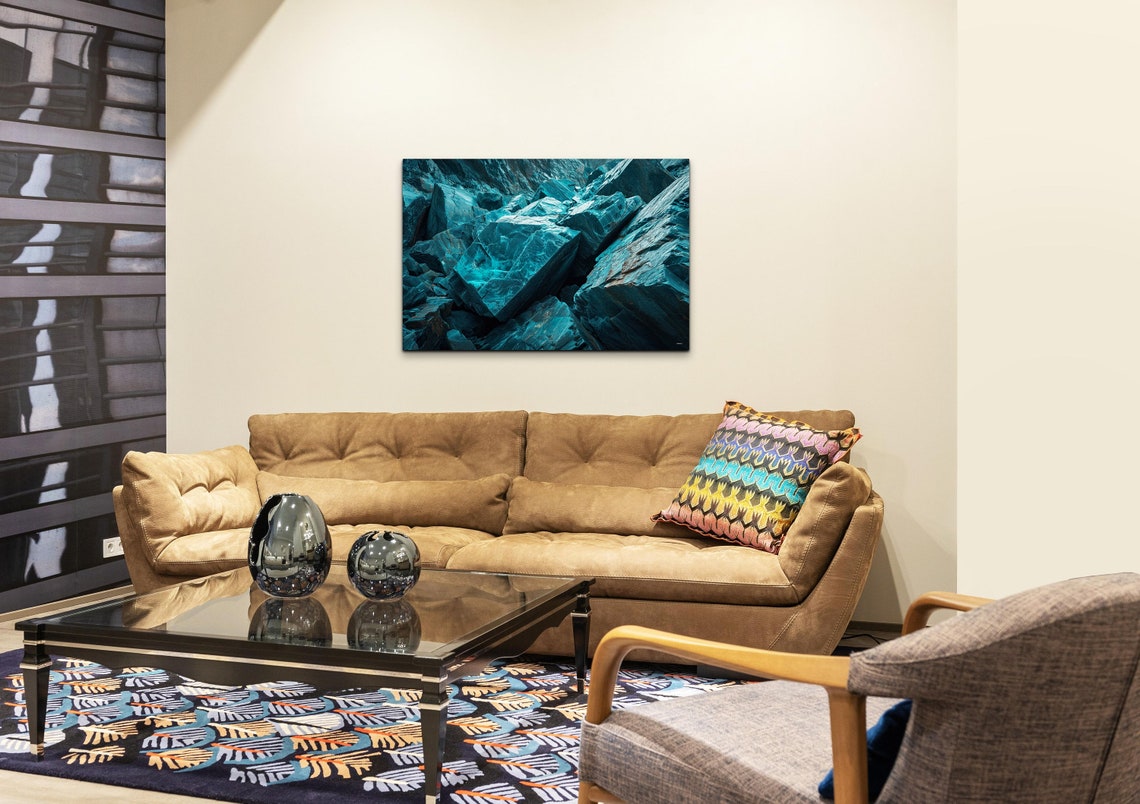 Teal Fractured Mineral Rock Close Up Modern Abstract Wall Art - Image 3