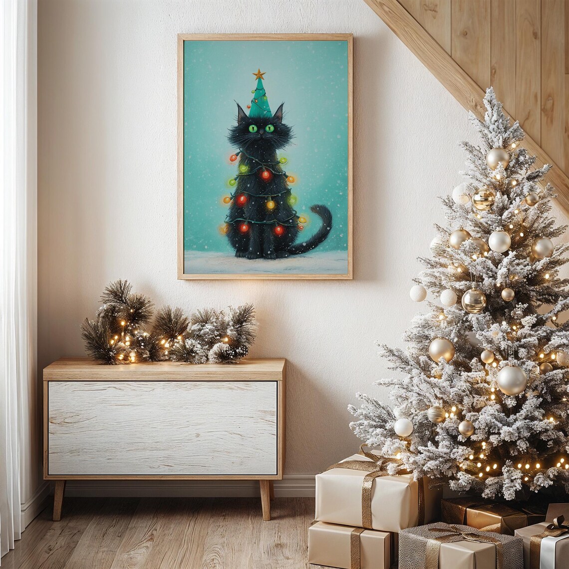 Whimsical Black Cat Dressed As Christmas Tree Art Print