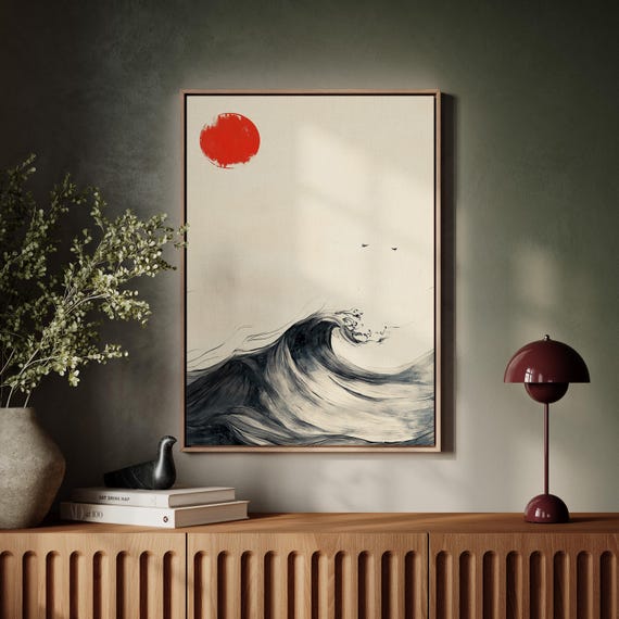Japanese Minimalist Red Sun And Black Wave Art Zen Ink Brush Style For Home Decor Abstract Ocean Landscape Wall Art
