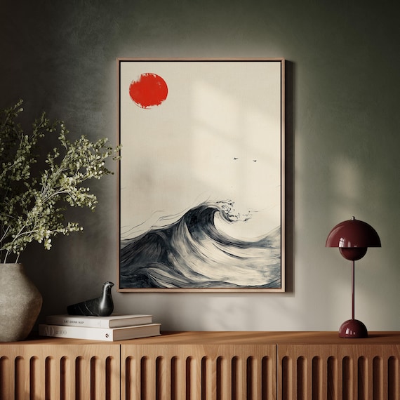 Japanese Red Sun Over Ink Wave Zen Ocean Brush Minimalist Poster