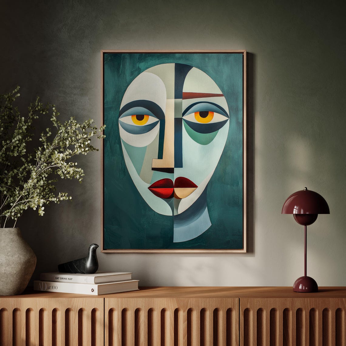 Cubist Abstract Face Portrait Modern Geometric Teal Art Print