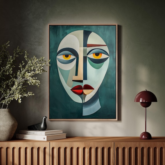 Cubist Abstract Face Portrait Modern Geometric Teal Art Print