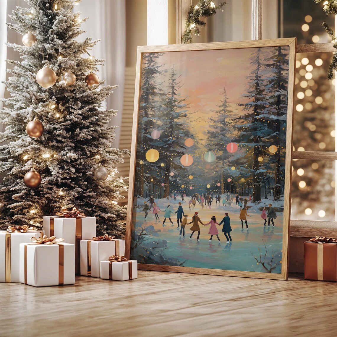 Festive Ice Skaters Under Lanterns, Winter Forest