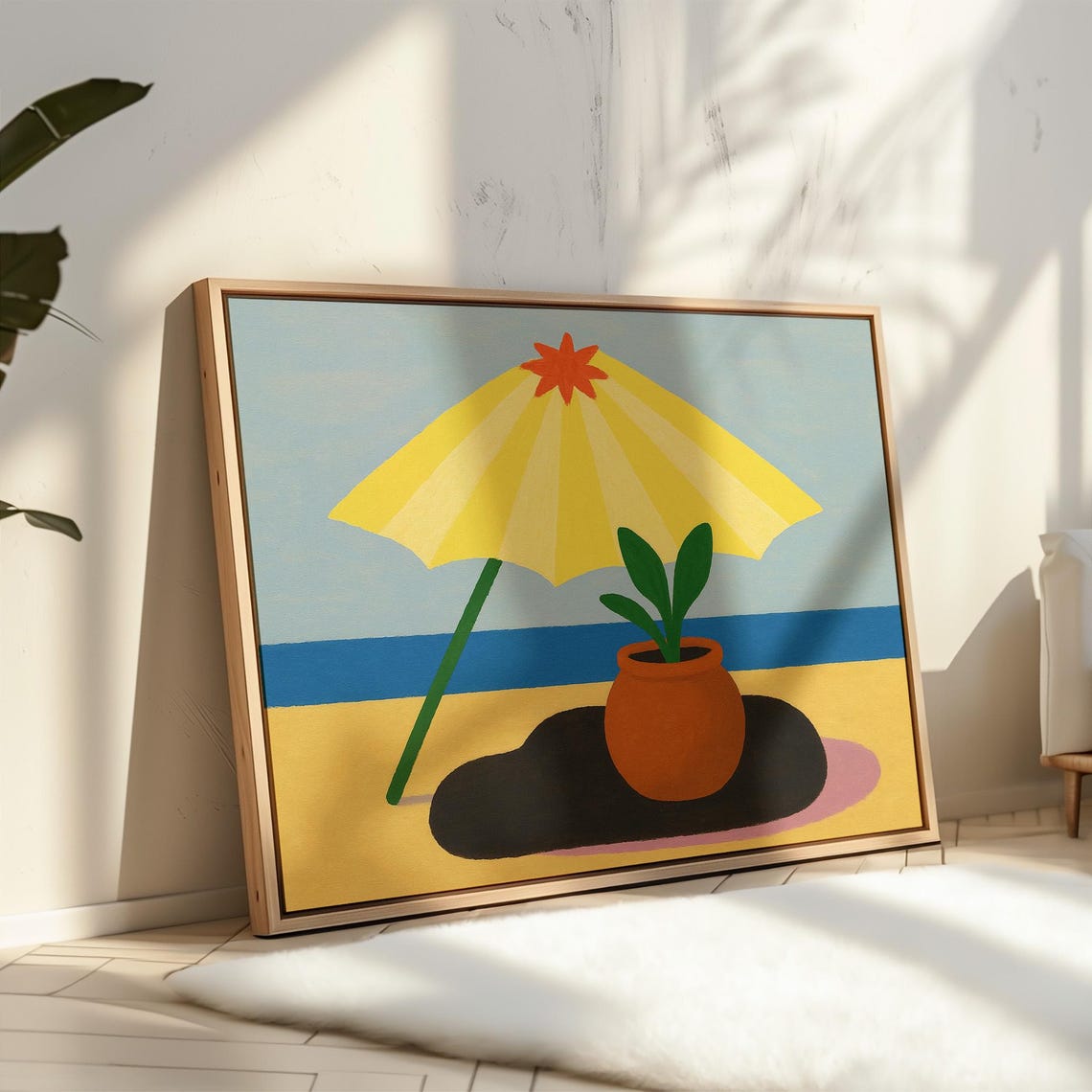 Whimsical Beach Umbrella Minimalist Potted Plant Ocean Coast Poster